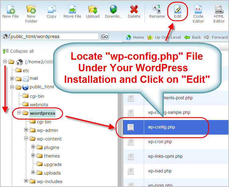 Access your website's files through FTP or the file manager in your hosting control panel.
Locate the wp-config.php file in the root directory.