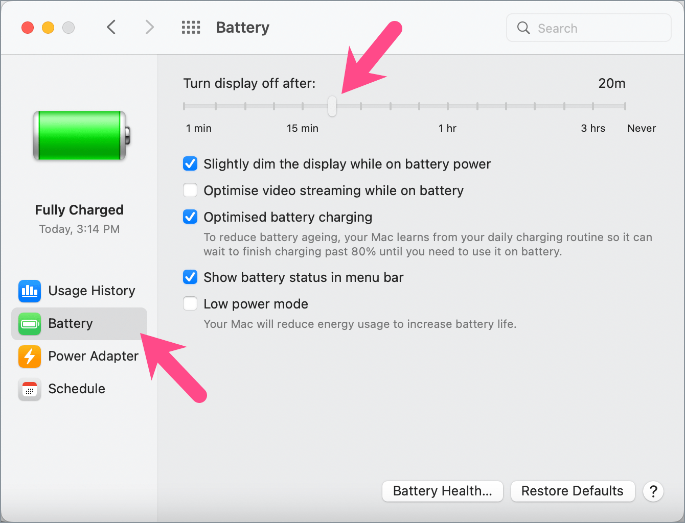 Adjust the settings to your preference, such as setting the display to turn off after a certain period of inactivity.
Click on Save changes.