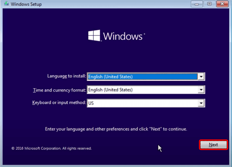 Boot the computer from a Windows installation media.
Select your language preferences and click Next.