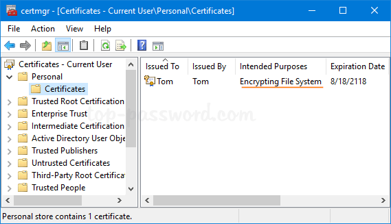 Check the Certificate Store
Open the Certificate Manager by pressing Win+R and typing certmgr.msc.
