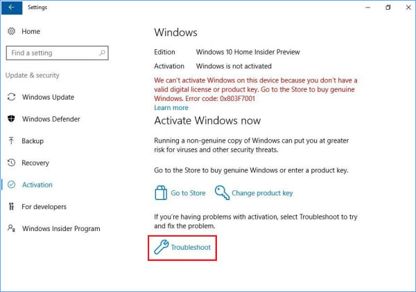 Choose Activation from the left-hand menu.
Click on Troubleshoot under the Windows Activation section.