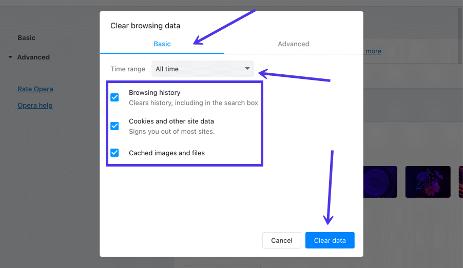 Choose to clear the cache for a specific time range or select "All time" to clear everything.
Make sure the cache or browsing data option is selected.