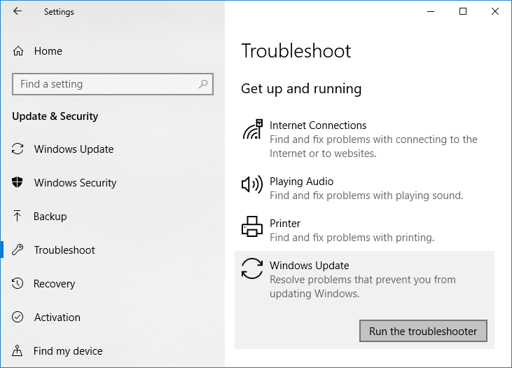 Choose Troubleshoot from the left-hand menu.
Select Windows Update under Get up and running.