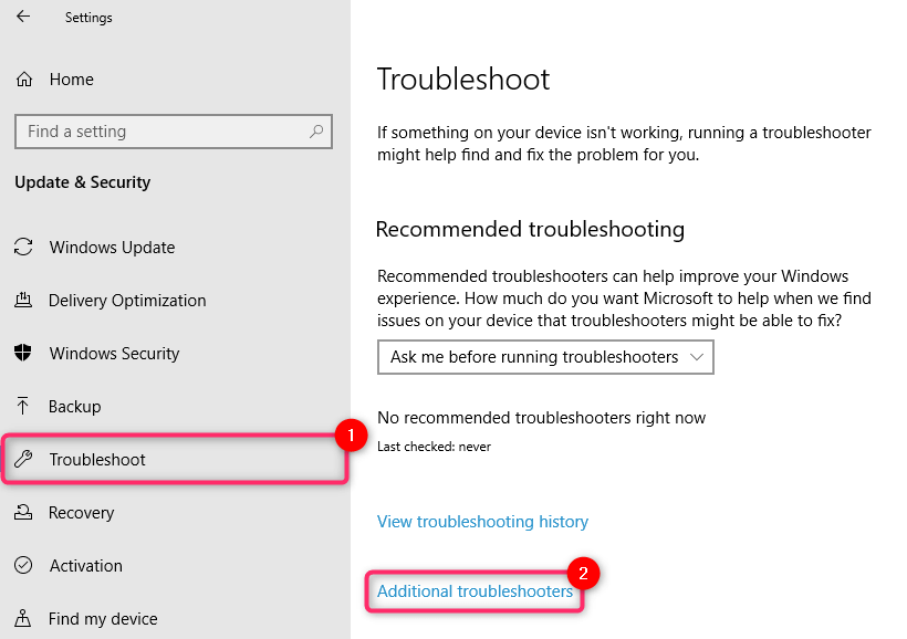 Choose Troubleshoot from the left-hand side menu.
Select Windows Update under the Get up and running section.
