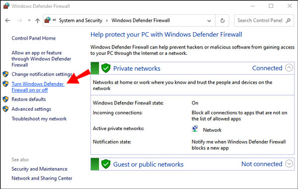 Choose "Windows Defender Firewall"
Select "Turn Windows Defender Firewall on or off"