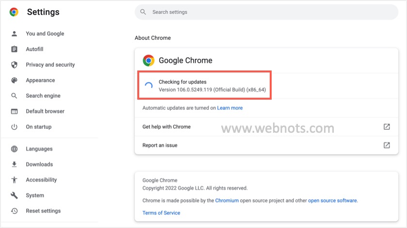 Chrome will automatically check for updates and install them if available.
Once the update process is complete, relaunch Chrome and see if the ERR_FILE_NOT_FOUND error is fixed.