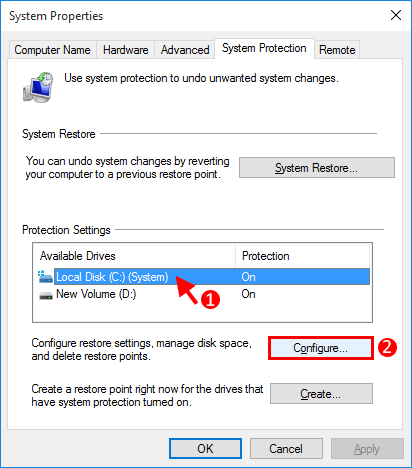 Click "Configure": Once you've selected the appropriate drive, click on the "Configure" button located below.
Check available disk space: In the System Protection tab, make sure your system drive has enough free space allocated for creating system restore points.