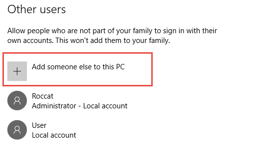 Click on "Add someone else to this PC" under "Other users".
Follow the prompts to create a new user account.