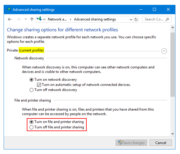 Click on Change advanced sharing settings.
Ensure that Network discovery and File and printer sharing are turned on.
