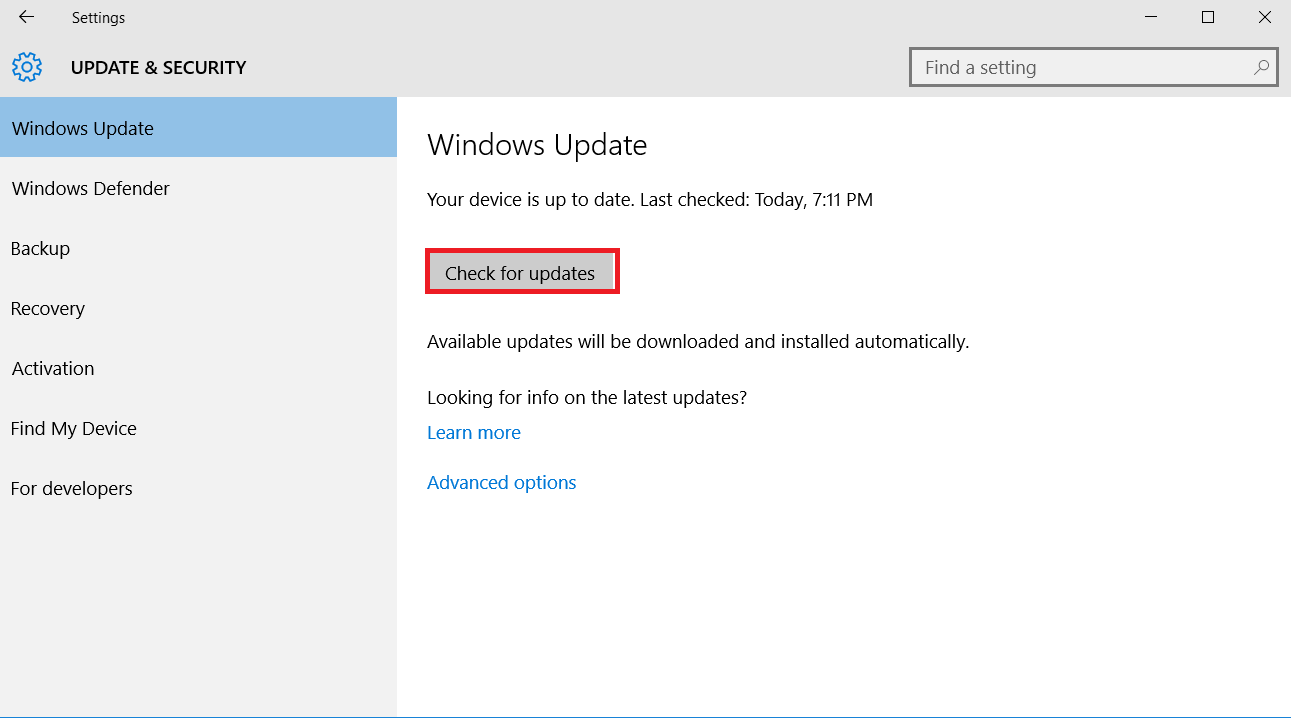 Click on "Check for updates".
Wait for Windows to check for and install any available updates.