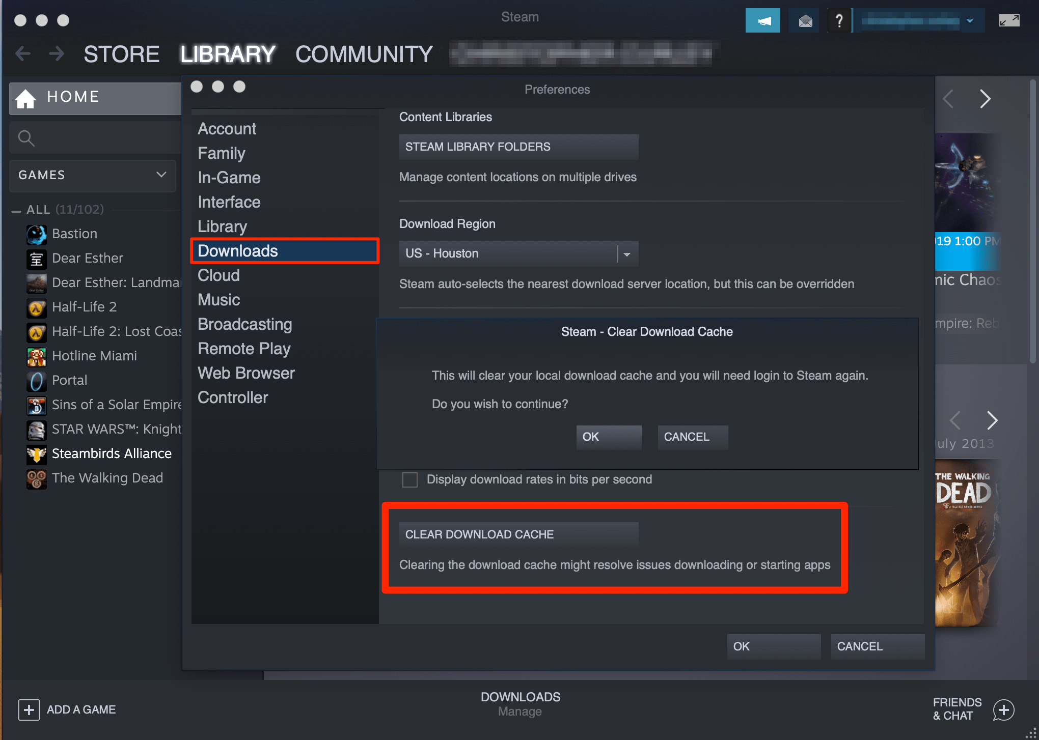 Click on "Clear Download Cache"
Restart Steam and check if the connection error persists