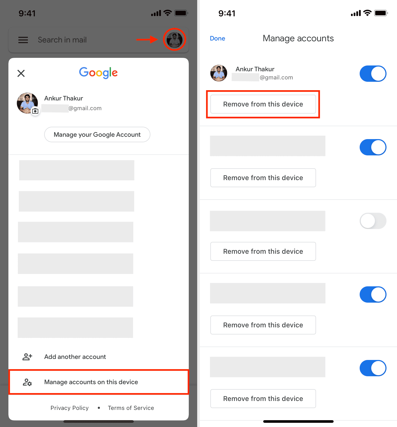 Click on "Delete account" and confirm the removal of the account.
Restart the Mail app and go back to "Manage Accounts."