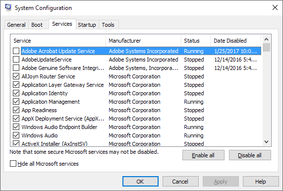 Click on Disable all to disable all non-Microsoft services.
Go to the Startup tab.