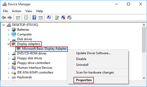 Click on Display adapter properties.
In the Adapter tab, click on Change properties.