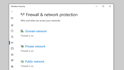 Click on "Firewall & network protection."
Select the network profile you are using (Private or Public).