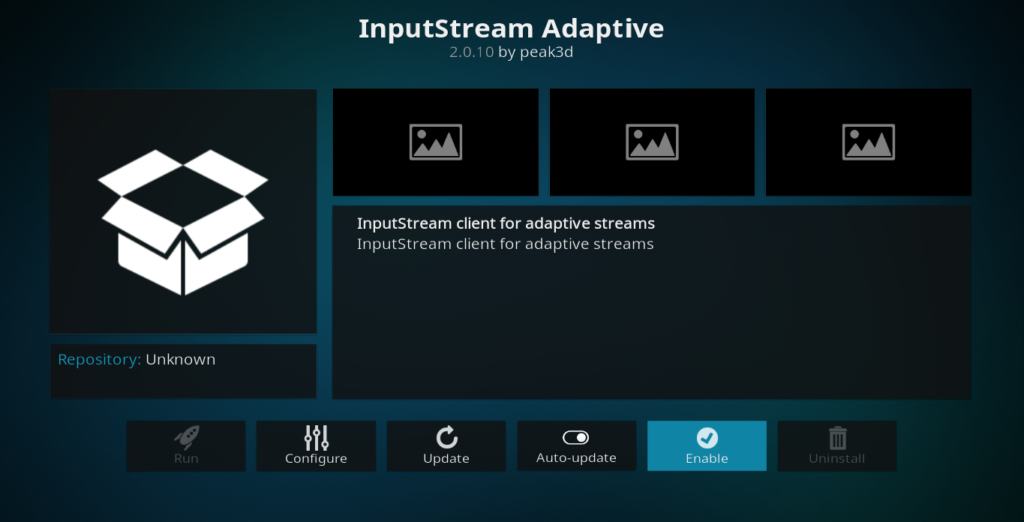 Click on "InputStream Adaptive" and then choose "Disable"
Return to the main menu and select "Settings"