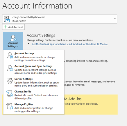 Click on Manage Accounts.
Select your email account and click on Change mailbox sync settings.