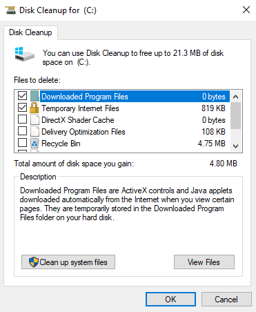Click on "OK" to start the Disk Cleanup process.
Check the boxes for the types of files you want to delete (e.g., Temporary files, Recycle Bin, etc.).