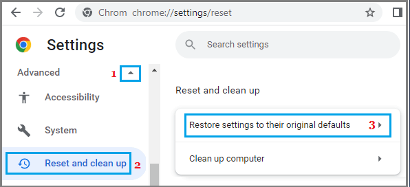 Click on Restore settings to their original defaults.
Click Reset settings to confirm.