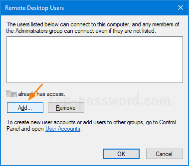 Click on the Add User or Group button.
Enter the name of the user or group you want to grant remote desktop access to and click OK.