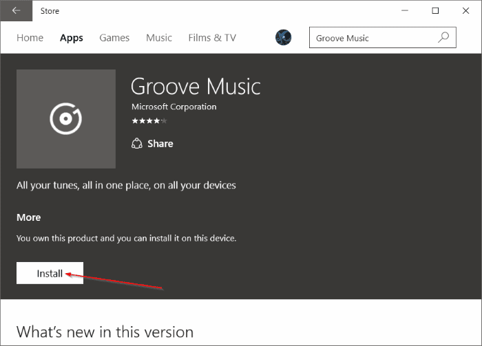 Click on the "Install" button to reinstall Groove Music Player.
Wait for the installation to complete and then restart your computer.