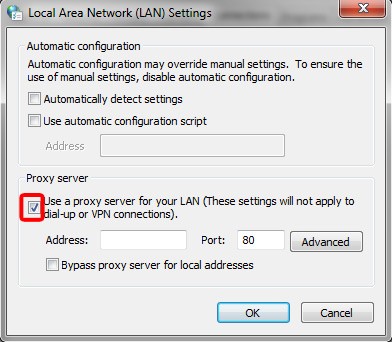 Click on the LAN settings button.
Ensure that the Use a proxy server for your LAN option is unchecked.