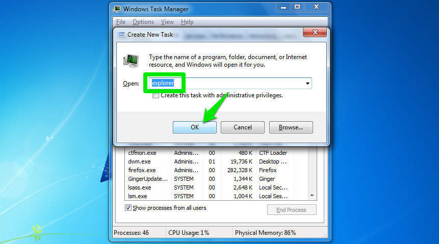 Click on the Restart button located at the bottom right corner of the Task Manager window.
Wait for Windows Explorer to restart and check if the fonts are now displaying correctly.