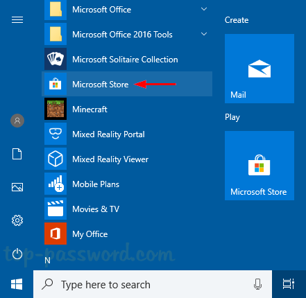 Click on the Start button and type Microsoft Store.
Open the Microsoft Store app.