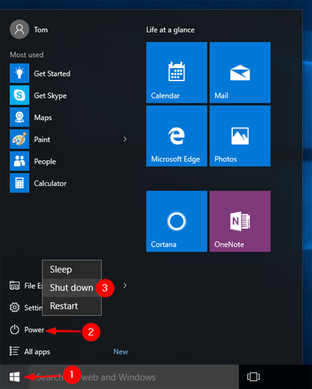 Click on the "Start" menu.
Select "Restart" or "Shutdown" and then turn the computer back on.