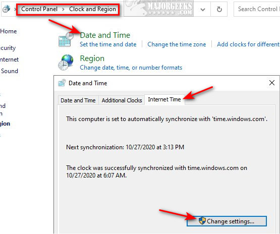 Click on the Sync now button to synchronize your computer's time with the internet time server.
If the time and date are incorrect, click on the Change button and adjust them accordingly.