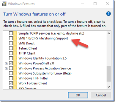 Click on Turn Windows features on or off.
Scroll down and locate SMB 1.0/CIFS File Sharing Support.
