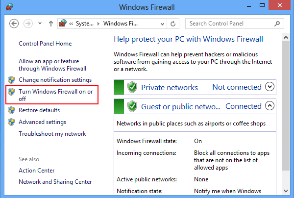 Click on Windows Firewall.
Choose Turn Windows Firewall on or off.