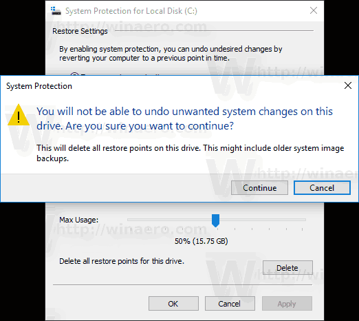 Click the Delete button to remove the selected restore point.
Confirm the deletion by clicking Continue.