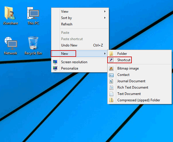 Create a new shortcut on the desktop:
Right-click on an empty area of the desktop and select New.