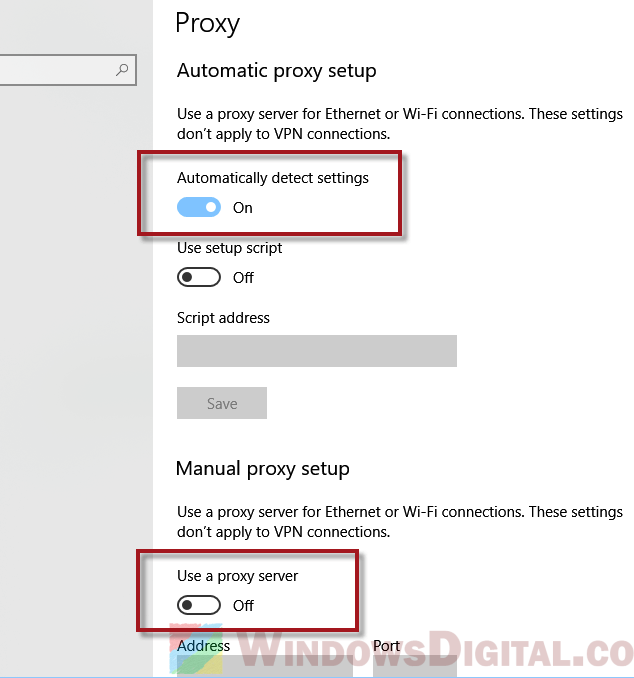 Disable any other options such as "Use a proxy server" or "Manual proxy setup."
If you are using a VPN, disconnect from it and try accessing Netflix again.