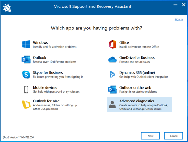 Download and install Support and Recovery Assistant (SaRA) from the official Microsoft website.
Launch SaRA and select the "Outlook" option from the list of available applications.