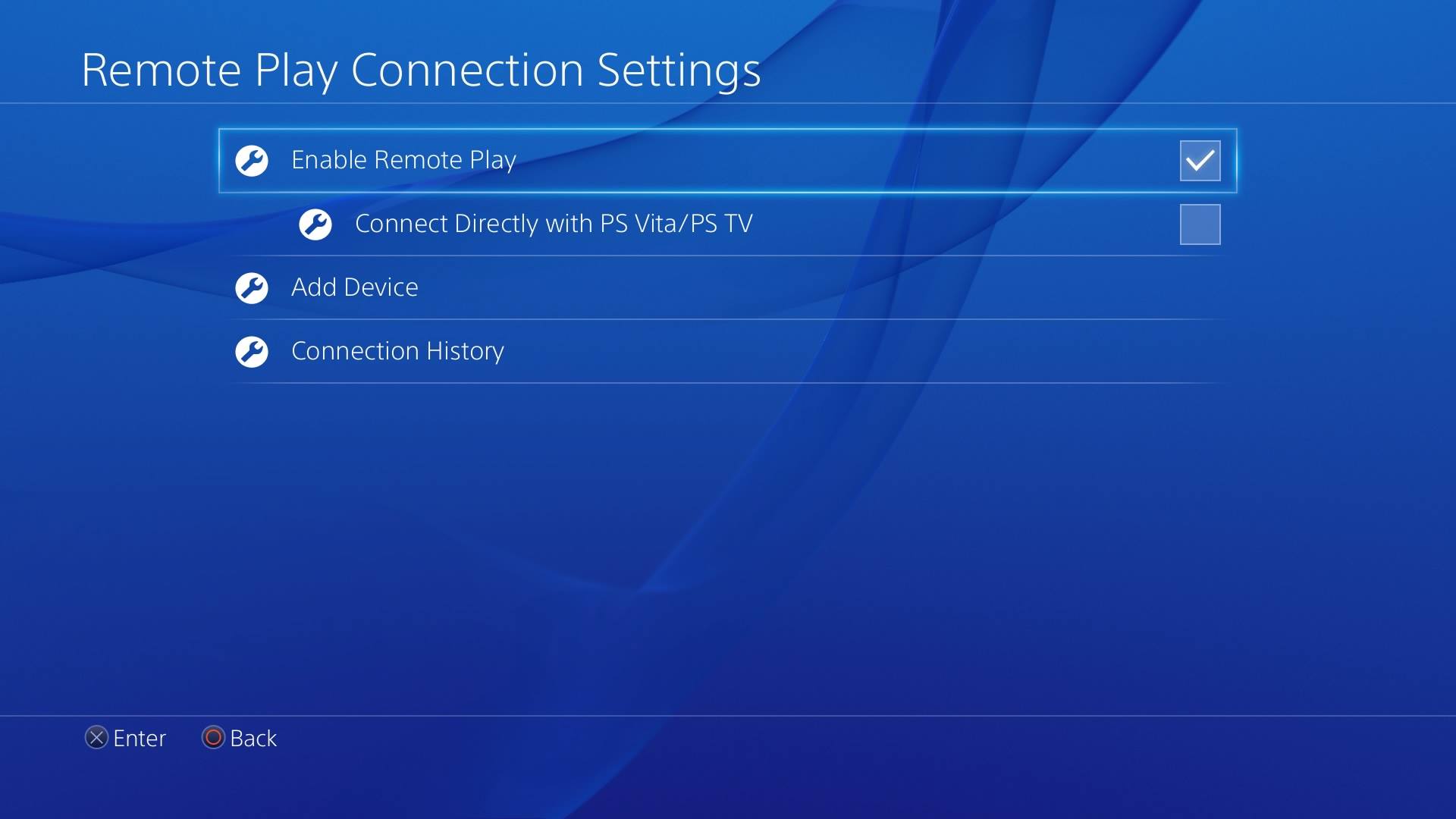 Enable Remote Play on your PS4 by going to "Settings" > "Remote Play Connection Settings" and ticking the box next to "Enable Remote Play".
Configure your PS4 for Remote Play by going to "Settings" > "Remote Play Connection Settings" > "Add Device" and following the on-screen instructions.