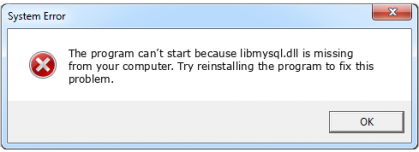 Error: "Unable to locate libmysql.dll"
Error: "libmysql.dll is either not designed to run on Windows or it contains an error"
