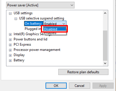 Expand the USB settings category.
Expand the USB selective suspend setting category.