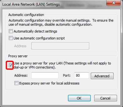 Go to the "Connections" tab and click on "LAN settings."
Uncheck the box that says "Use a proxy server for your LAN."