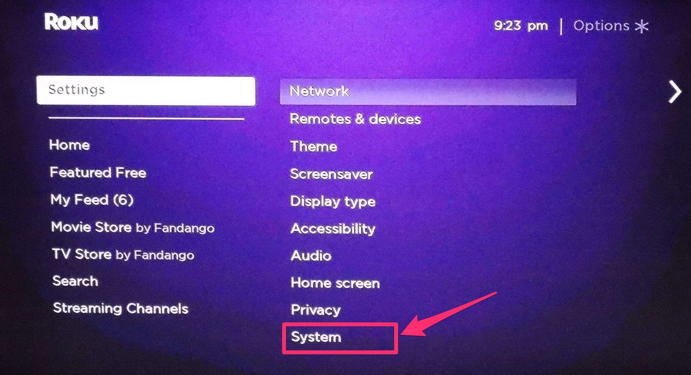Go to the Roku home screen and navigate to the "Settings" menu.
Select "System" and then choose "System restart".