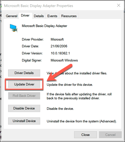 If an update is not available or doesn't fix the issue, right-click on the device and select Properties.
Go to the Driver tab and click on Roll Back Driver.