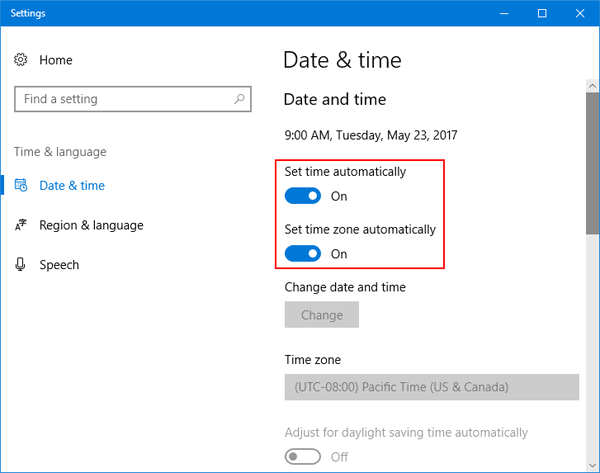 If necessary, toggle the "Set time automatically" option.
Restart your computer for the changes to take effect.