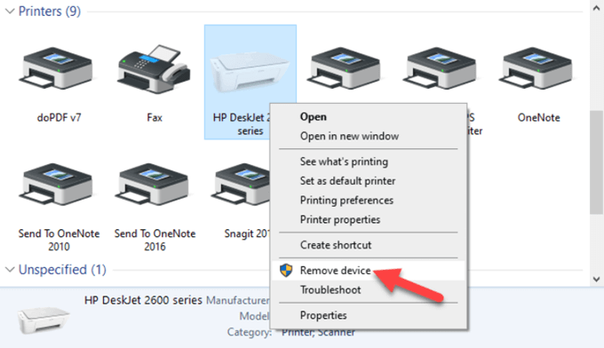 If the driver is already installed, right-click on the printer in Devices and Printers.
Select Remove device and confirm the action.