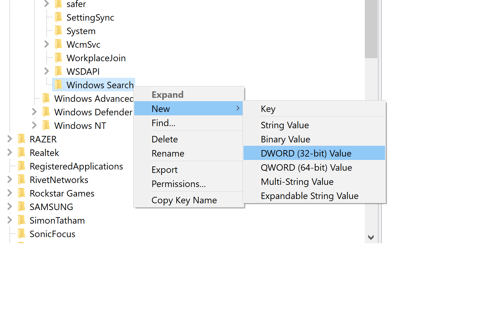 If the Windows Search key does not exist, right-click on Windows and select New > Key to create a new key. Name it Windows Search.
Right-click on the right pane, select New > DWORD (32-bit) Value, and name it AllowCortana.