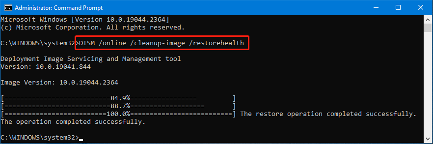 In the Command Prompt window, type "dism /online /cleanup-image /restorehealth" and press Enter.
Wait for the tool to finish repairing the corrupted files.