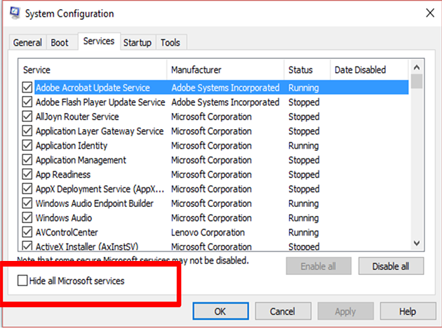 In the General tab, select "Selective startup" and uncheck "Load startup items".
Go to the Services tab, check the box for "Hide all Microsoft services", and click on "Disable all".