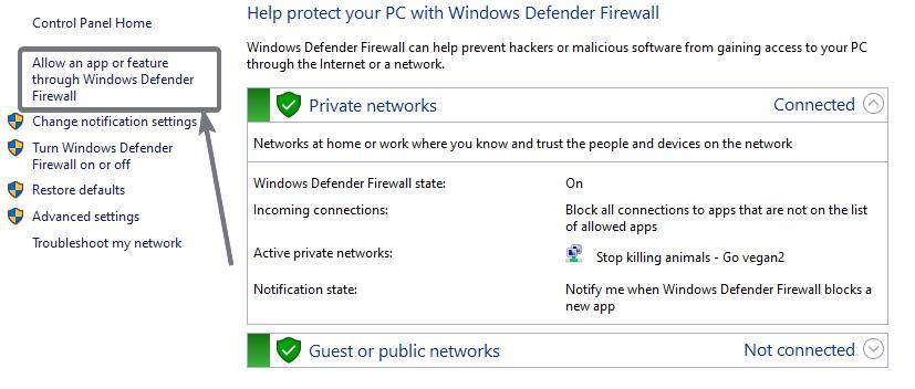 In the left-hand side panel, click on Allow an app or feature through Windows Defender Firewall.
Click on the Change settings button.
