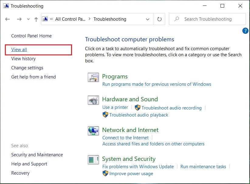 In the left panel, select Troubleshoot.
Scroll down and click on Additional troubleshooters.
