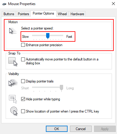 In the Mouse settings window, adjust the Pointer speed slider to a desired level.
Disable or enable Enhance pointer precision depending on your preference.